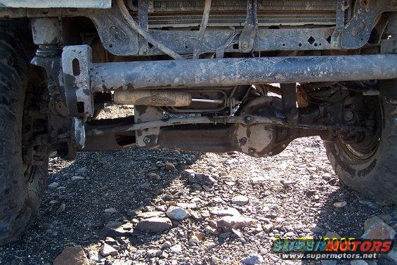 Front axle and suspension components of an off-road vehicle, with tires visible on either side