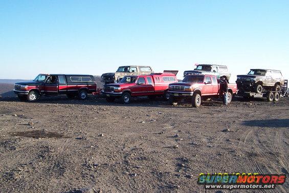 Several Ford trucks and SUVs parked on a dirt lot under a clear blue sky