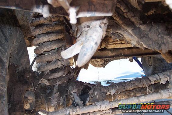 Undercarriage of a heavily used off-road vehicle, showing mud-caked suspension components and a tire