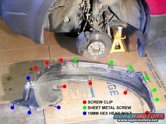 Here’s a pic of the fender liner after removal.
Fastener locations and type are noted.
Hint:
You’ll see I was able to remove the liner without having to remove the splash guard.

