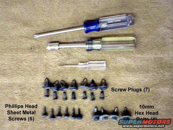 Here&rsquo;s all the hardware, and tools used.
The small screwdriver was used to pop out the plastic screw-plugs.
The nut driver is a 10mm hex.
