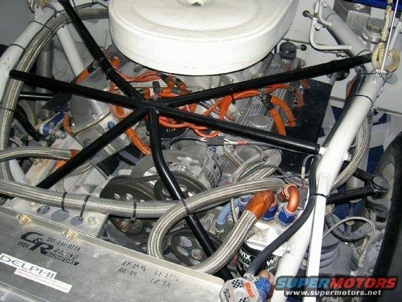 Engine bay of a race car, showing V8 engine, roll cage, and braided hoses. Text includes 'DELPHI' and 'C&R RACING'