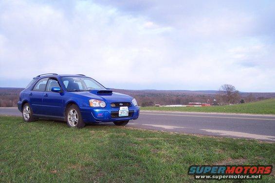 Blue 2004 Subaru Impreza wagon parked on grassy shoulder next to a road