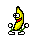 Pixel art of a cartoon banana with eyes and arms on a pink background