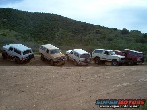 Five Ford Broncos parked on a dirt road with a grassy hill in the background