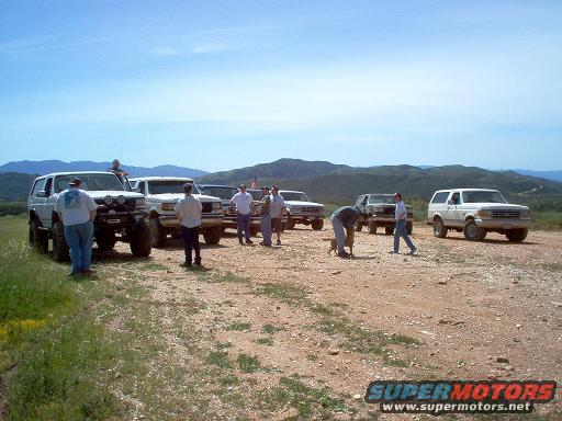 Several white Ford Broncos parked on a dirt road with people and a dog