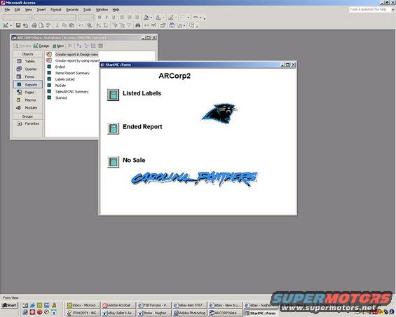 Computer screen showing Microsoft Access with a form displaying Carolina Panthers logos and text