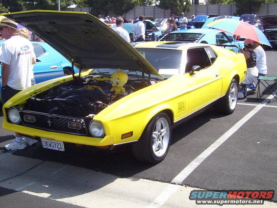 Yellow 1971 Ford Mustang Mach 1 with hood open, Tweety Bird in engine bay. License plate 3KMS921