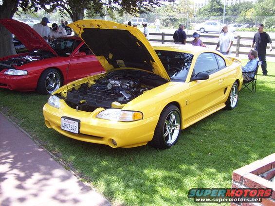 Yellow Mustang with hood open, parked on grass next to a red Mustang. License plate is LR02342