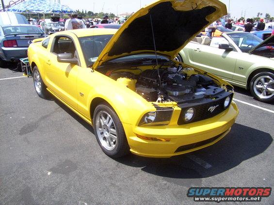 Yellow Ford Mustang with hood open, showing engine. Front 3/4 view