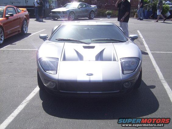 Silver Ford GT front view with racing stripes