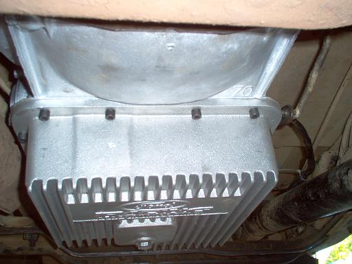 tranny-1.jpg New C-6 tranny installed. Bigger pan holds about two extra quarts of fluid.