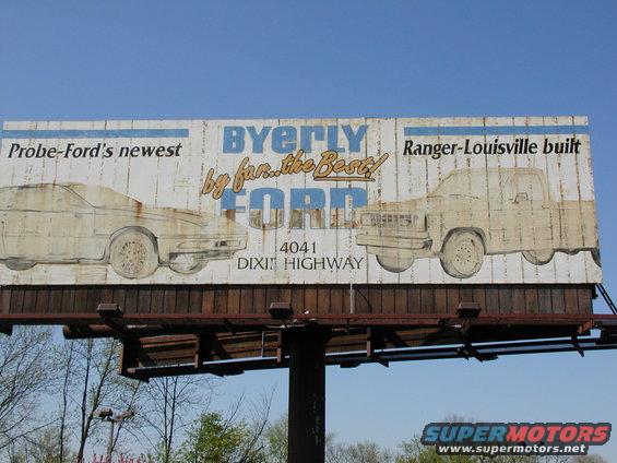 Billboard for Byerly Ford showing drawings of a car and a Ranger truck