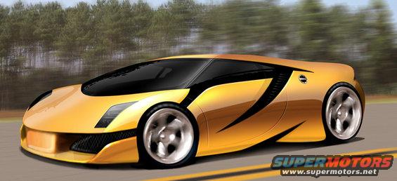 Yellow concept sports car with black accents, driving on a road