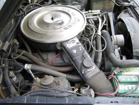 Engine bay with a 5.0 Liter 4V HO V8 engine, air cleaner, battery, and hoses. The engine appears to be from a 1985 Ford Mustang