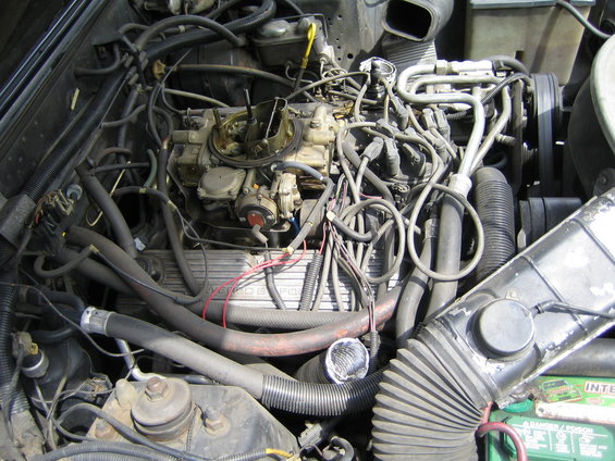 engine bay with carburetor, hoses, and wiring