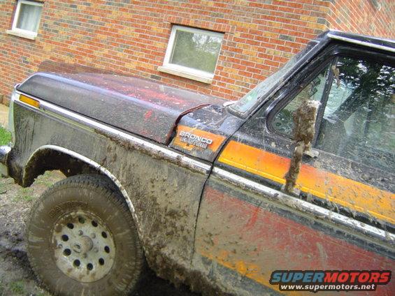 Muddy 1979 Ford Bronco with orange and yellow stripes on the side