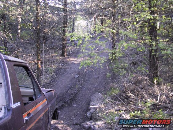 Brown Ford Bronco driving on a dirt path in a wooded area