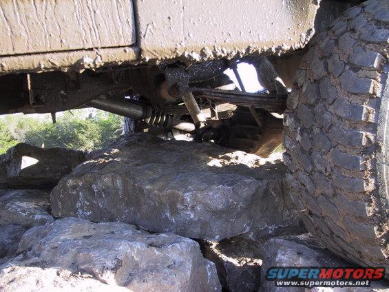 Mud-covered off-road vehicle tire on large rocks, showing undercarriage and suspension