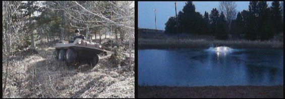 amphibious vehicle driving on a wooded trail and driving through a pond at night