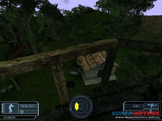 Video game scene from a wooden structure overlooking a small building in a jungle