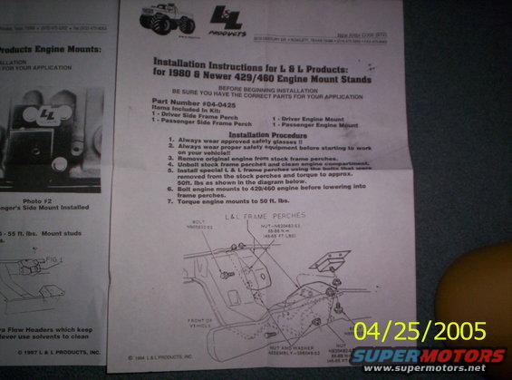 Installation instructions for 1980 & newer 429/460 engine mount stands with diagrams and photos