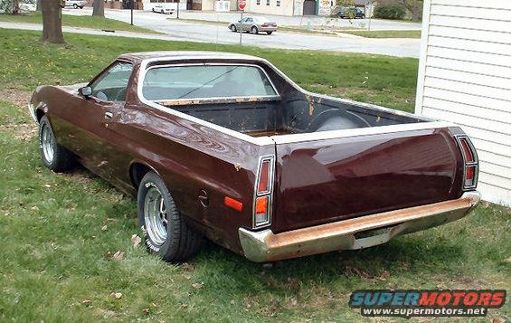 1972 Ford Ranchero parked on grass, rear 3/4 view