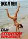 1986 Ford Bronco - A woman performs a handstand on the shoreline, with text overlay proclaiming her desire for attention.