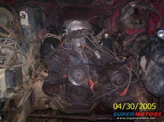 Engine bay with V8 engine, hoses, wires, and pulleys. Date stamp 04/30/2005