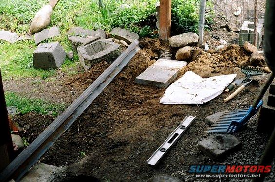 Dig out a level line for cement blocks
