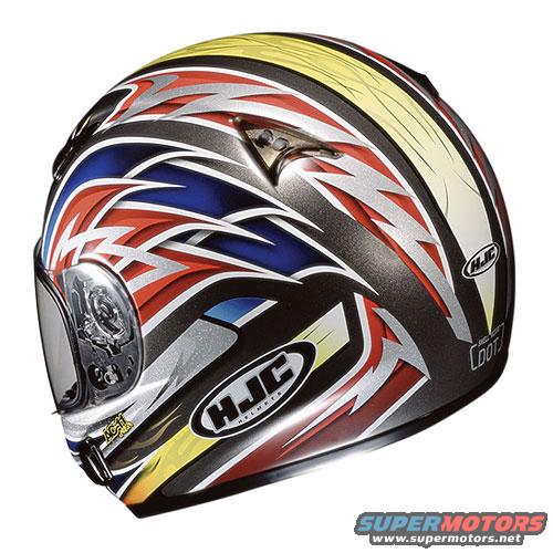 HJC motorcycle helmet with red, white, blue, and yellow graphics. DOT sticker visible