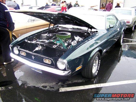 Dark green classic Mustang with hood open, showing engine. Wet parking lot