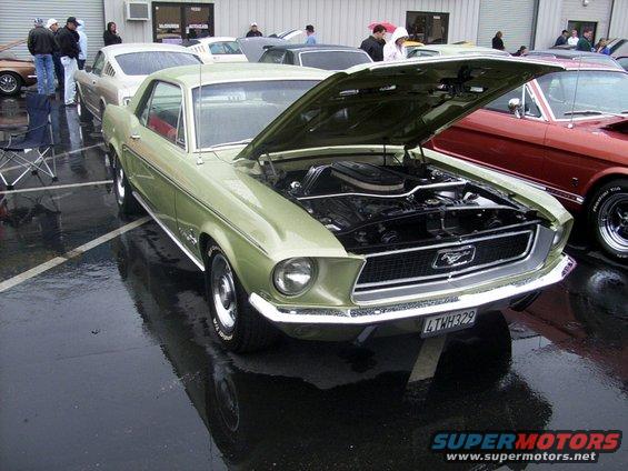 Light green 1967 Ford Mustang coupe with hood open, parked on wet asphalt