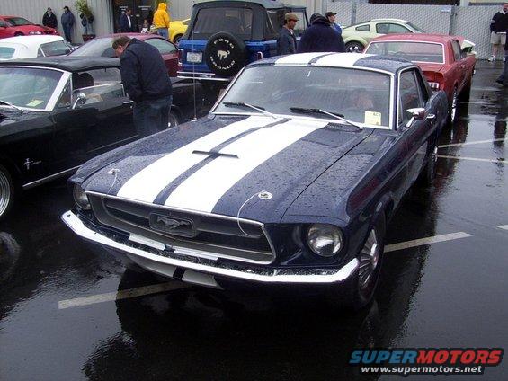 Dark blue 1967 Ford Mustang with white racing stripes, parked on a wet asphalt lot