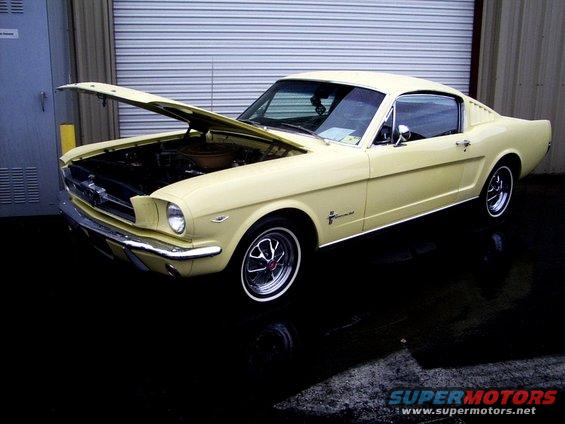 Yellow 1965 Ford Mustang coupe, hood open, parked on wet surface