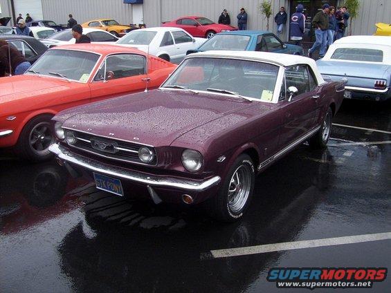 Maroon convertible Mustang with white top, front view. License plate reads GTK PONY