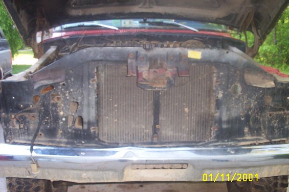 1979 Ford F-150 front with hood open, showing radiator