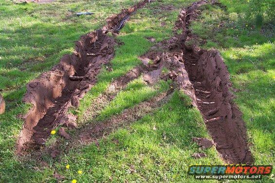 Deep tire tracks dug into muddy ground with grass growing between them