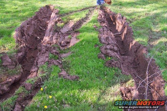 Muddy tire tracks dug into a grassy field, with a person visible in the background