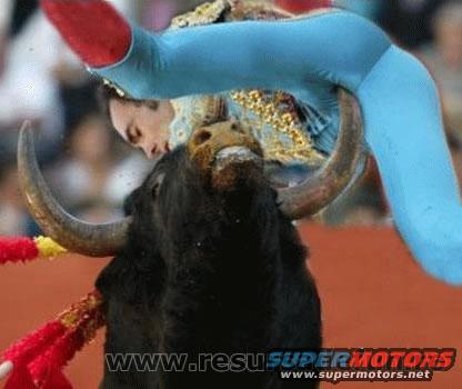 Bullfighter in blue suit facing a black bull with large horns
