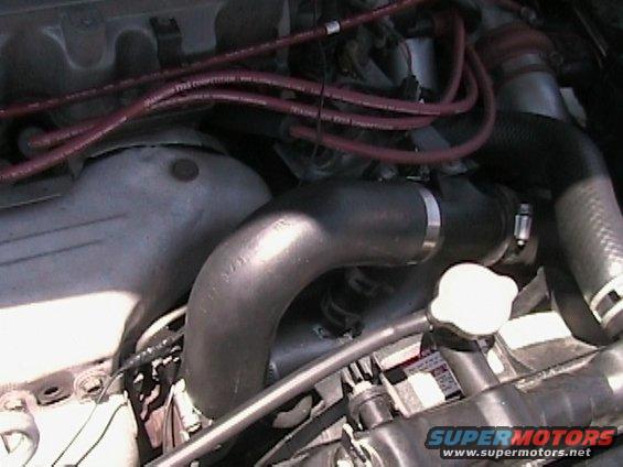 Engine bay detail showing intake piping, spark plug wires, and radiator cap