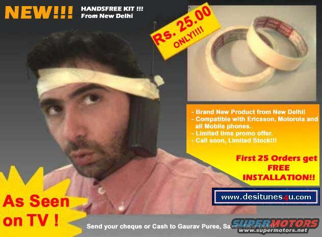 Man wearing a headband and holding a large black device to his ear, with text overlays advertising a hands-free kit