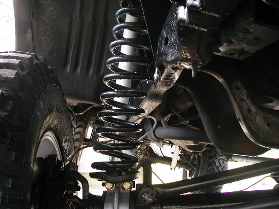 close-up of a vehicle's front suspension with a large coil spring and shock absorber