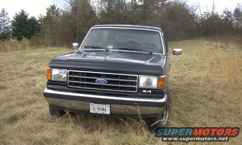 Front view of a dark-colored Ford F-Series truck parked in a grassy field. It has a chrome grille and bumper, and a license plate reading '9346'