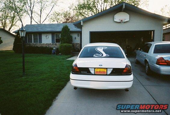 White 2000 Ford Crown Victoria with a snake decal on the rear window, parked in a driveway next to another Crown Victoria