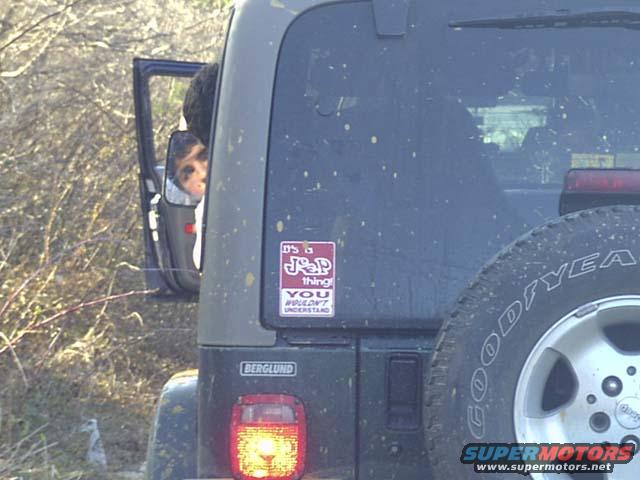 Rear view of a Jeep Wrangler with a "It's a Jeep thing" sticker and a spare tire