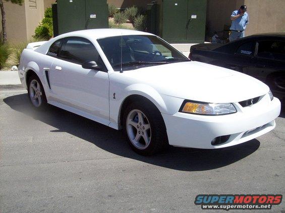 White 2002 Ford Mustang parked on asphalt, black car behind it