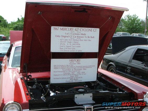 1967 Mercury 427 Cyclone GT engine bay with history display