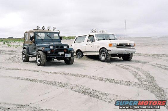 Dark blue Jeep Wrangler and white Ford Bronco parked on sand dunes