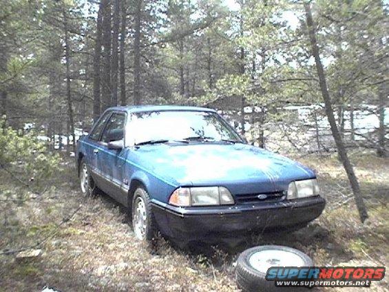 Blue coupe parked in woods, spare tire on ground nearby